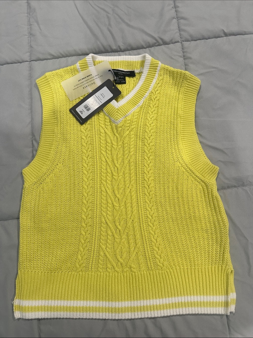 French Connection Yellow Cable Knit V-Neck Sweater Vest with White Trim
